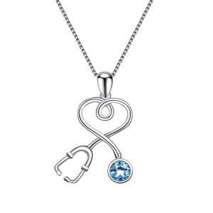 Stethoscope Necklace Sterling Silver Embellished with Crystals - Silver - Aqua Blue