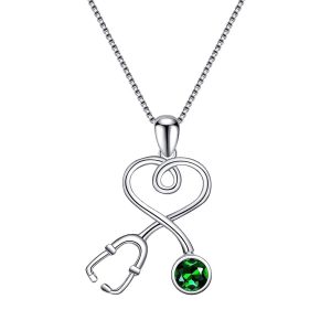 Stethoscope Necklace Sterling Silver Embellished with Crystals - Silver - Emerald Green