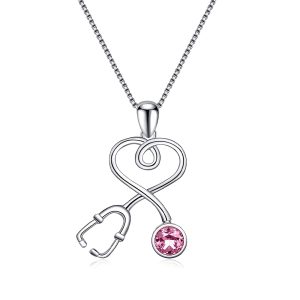 Stethoscope Necklace Sterling Silver Embellished with Crystals - Silver - Pink