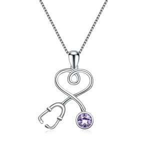 Stethoscope Necklace Sterling Silver Embellished with Crystals - Silver - Violet Purple